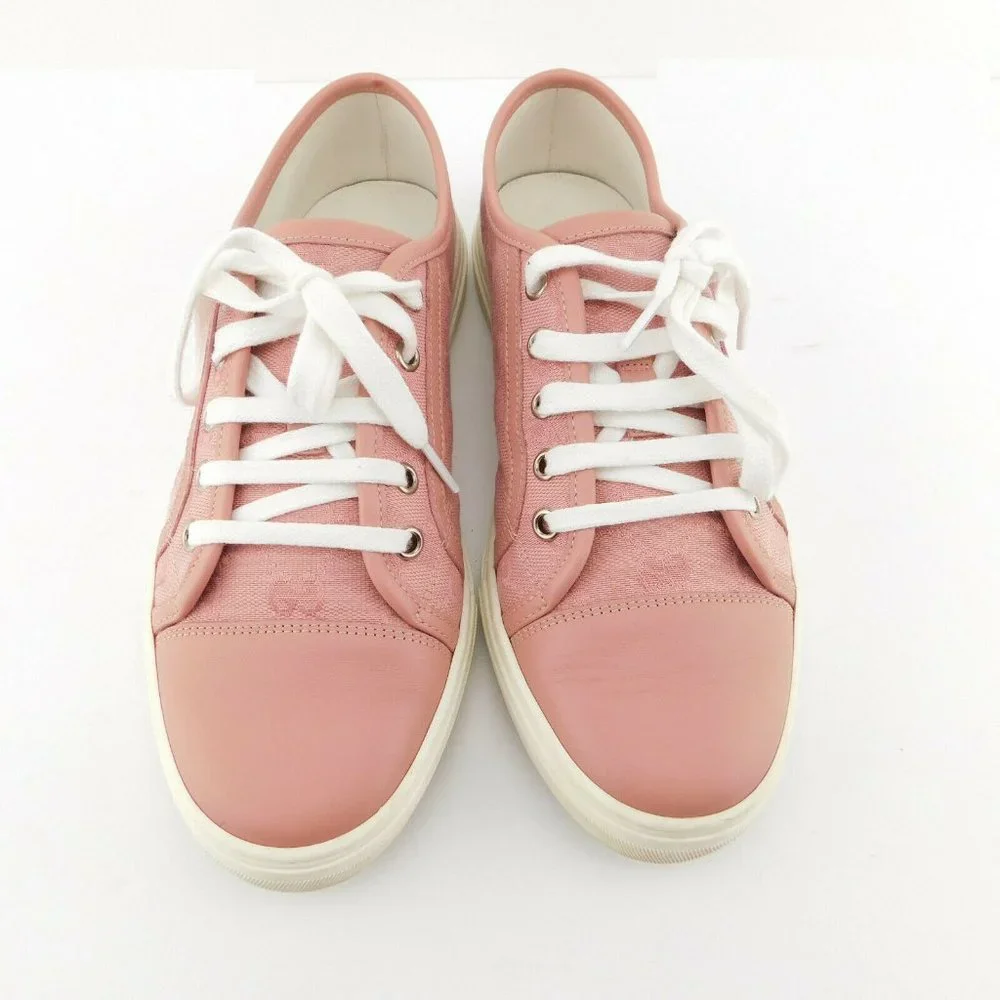 GUCCI Pastel Pink Leather Cap Toe GG Logo Monogram Canvas Lace-up Sneakers 39